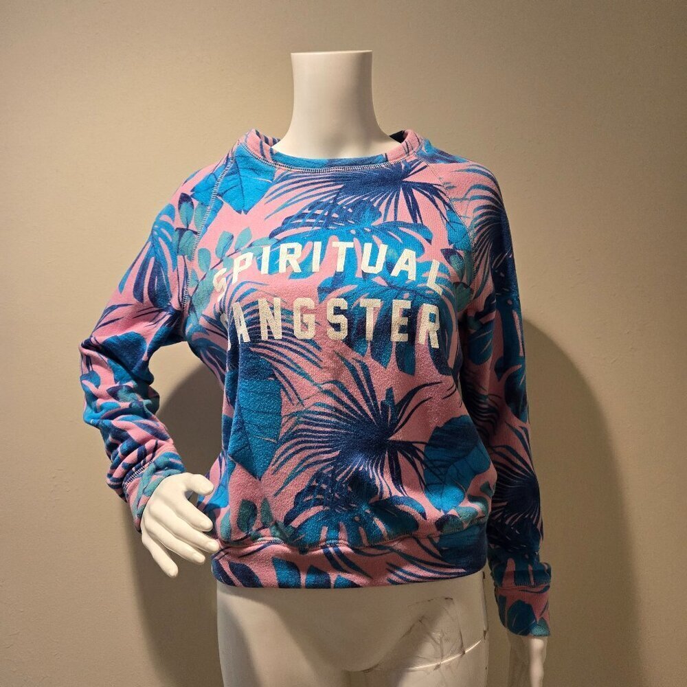Spiritual Gangster Palm Leaf Logo Sweatshirt Pink Blue XS